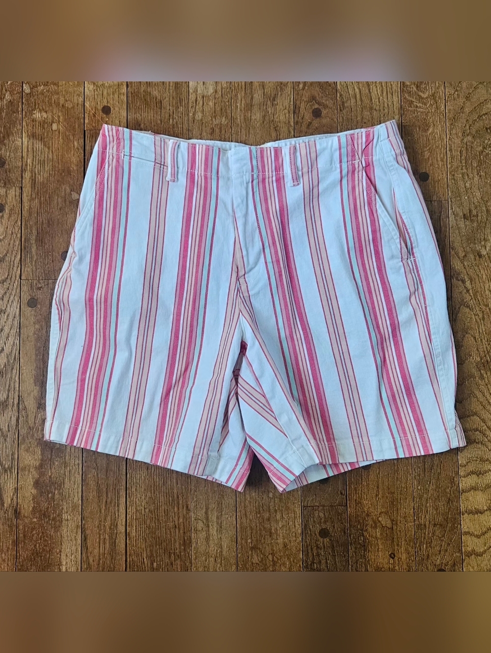 Lands' End White Cotton Chino Shorts with Pink and Aqua Stripes Size 10
